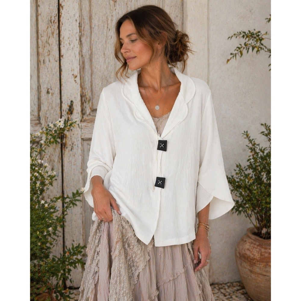 IC by Connie K White Lagenlook Tunic Top Womens L Button Front Oversized